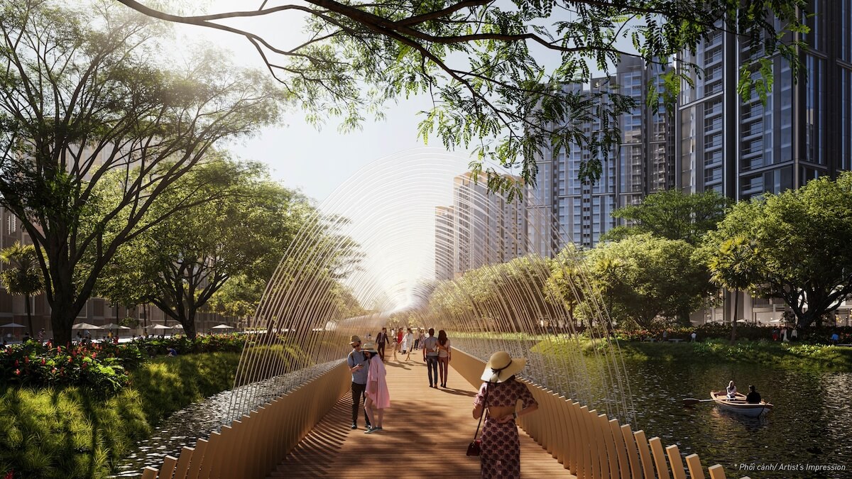 Pedestrian bridge with rainbow fountain at Canal of Love
