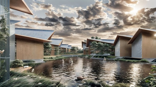 Perspective of the 5-star Kempinski Saigon River resort with a design that combines traditional and contemporary.