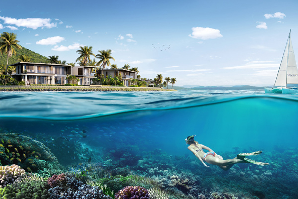 A hundred-year-old coral heritage of up to 20 hectares is adjacent to the doorstep, creating a different class for the villas of The Coral collection of Gran Meliá Nha Trang. Illustration